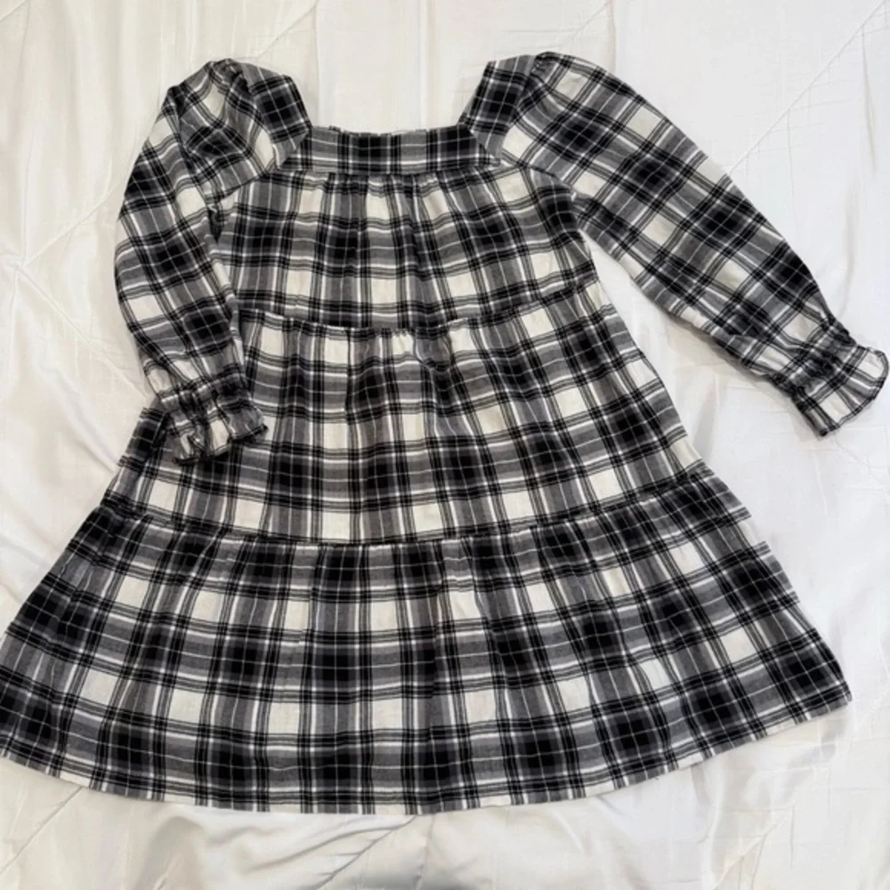 GAP Girl's 100% Cotton Square Neck Plaid Tiered Black White Dress Size Small